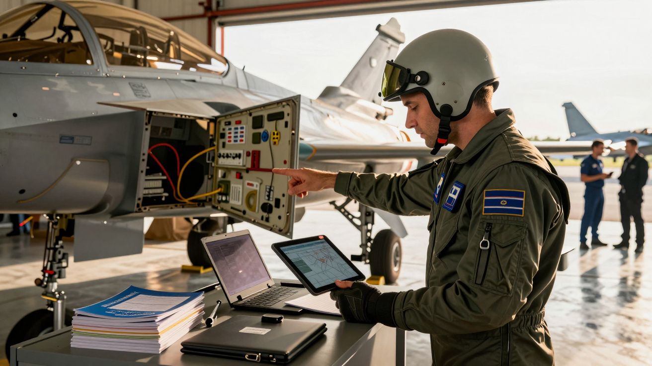 Pilot verificând sistemele aeronavei cu ajutorul unui laptop și tabletei, lângă un avion în hangar.