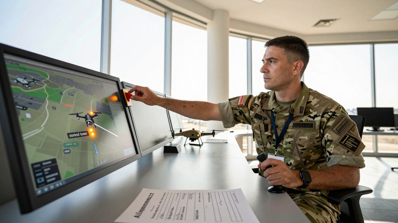 Bărbat în uniformă militară operează drone la un computer într-o cameră cu ferestre mari.