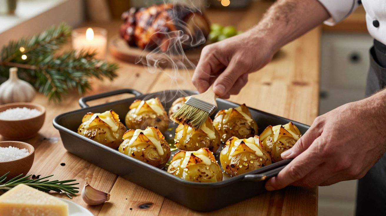 Bucătar ungând cartofi copți în tavă cu ierburi aromatice, pe o masă din lemn, decorată festiv.