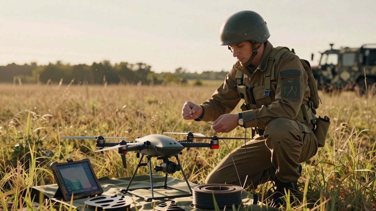 Soldat pregătind o dronă pe câmp, cu echipament militar și laptop lângă el, pe fundal cu vehicule în mișcare.