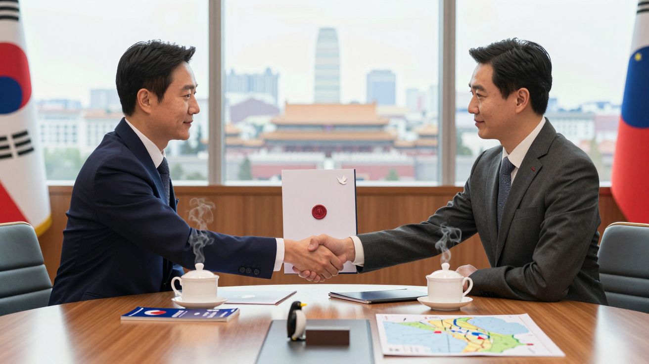 Două persoane dând mâna la o masă de conferință, cu steaguri în fundal și hârtii și cești pe masă.