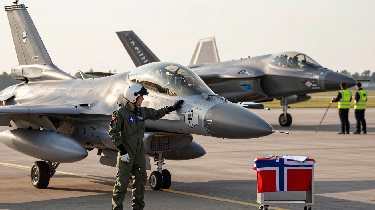 Pilot lângă un avion de luptă pe pistă; două avioane în fundal și o masă cu steagul Norvegiei.