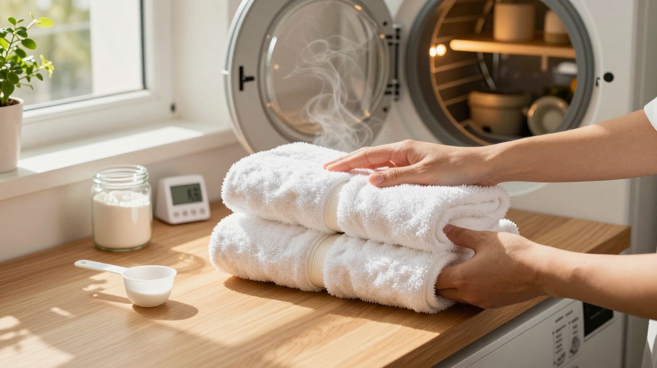 Persoană așezând prosoape albe, pufoase și calde pe o masă de lemn lângă un uscător deschis.