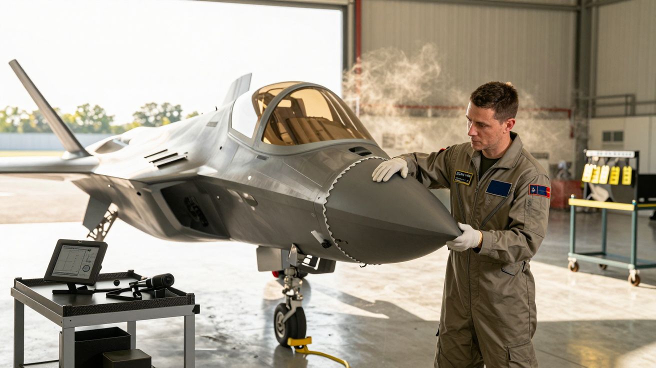 Pilot verificând un avion de luptă modern într-un hangar, cu echipament de testare alături.