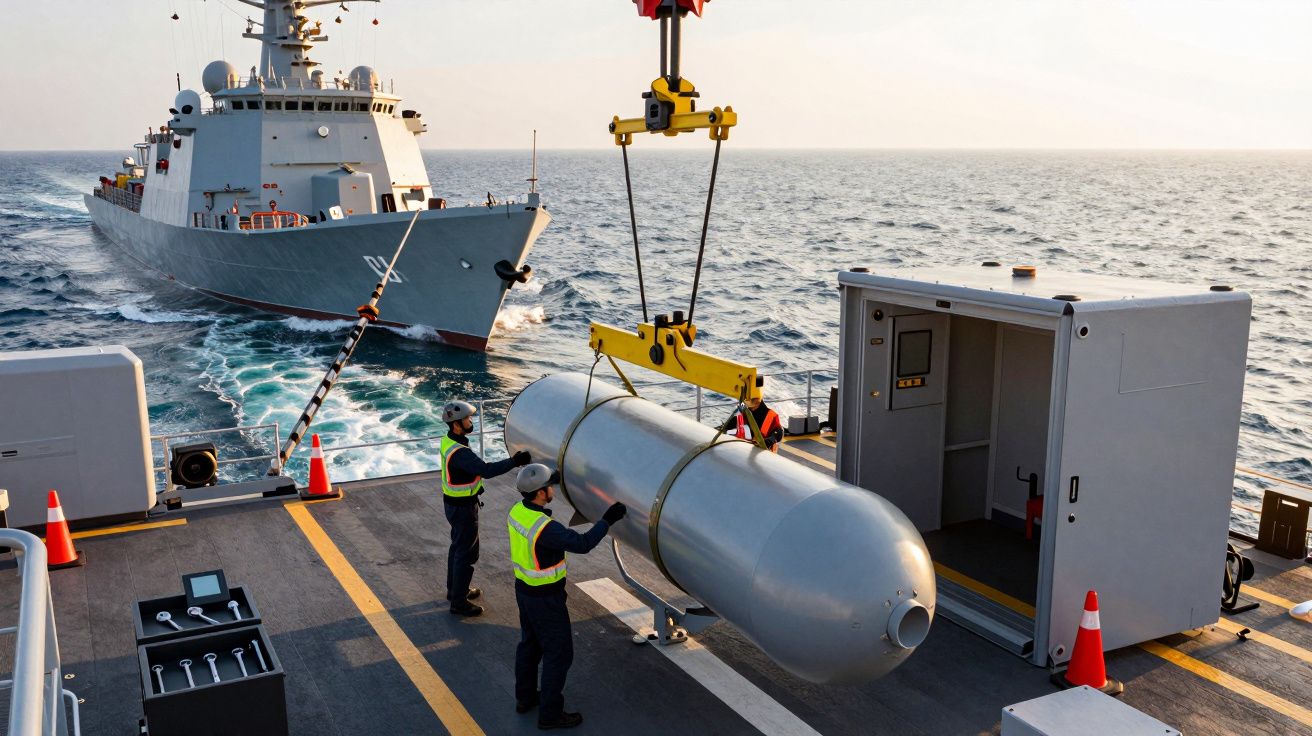 O navă de război pe mare, cu tehnicieni manipulând un obiect mare pe punte cu ajutorul unei macarale.