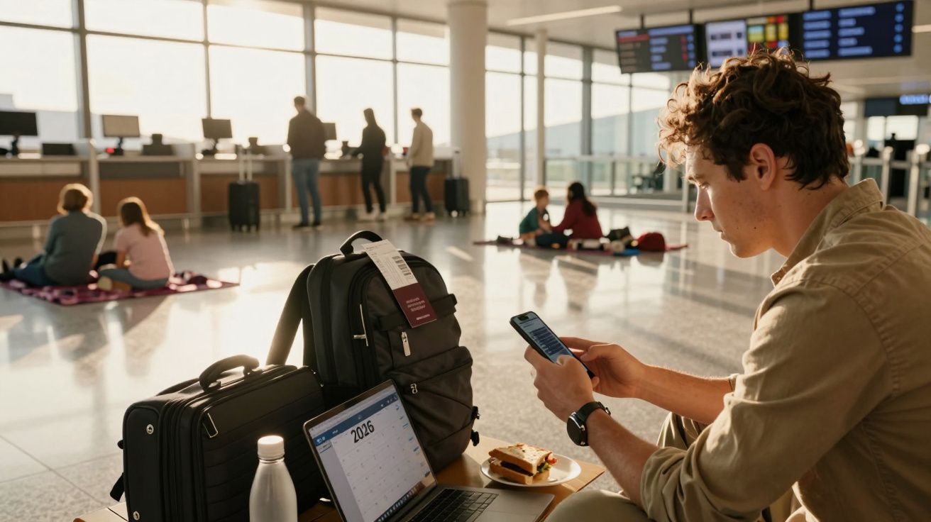 Bărbat la aeroport, verificând telefonul, cu bagaj, laptop și sendviș, pe fundal oameni așteaptă îmbarcarea.