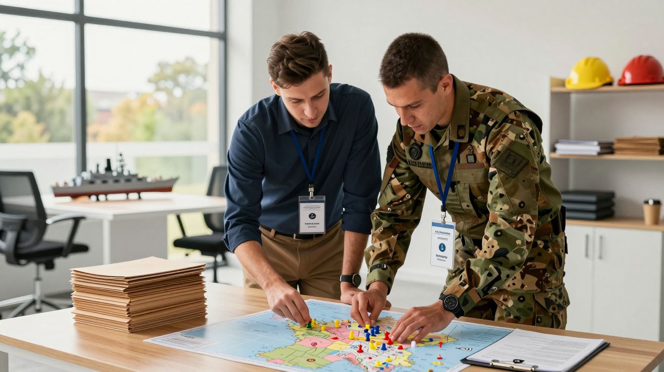 Doi bărbați studiază o hartă a Europei pe o masă, într-un birou, unul fiind îmbrăcat în uniformă militară.