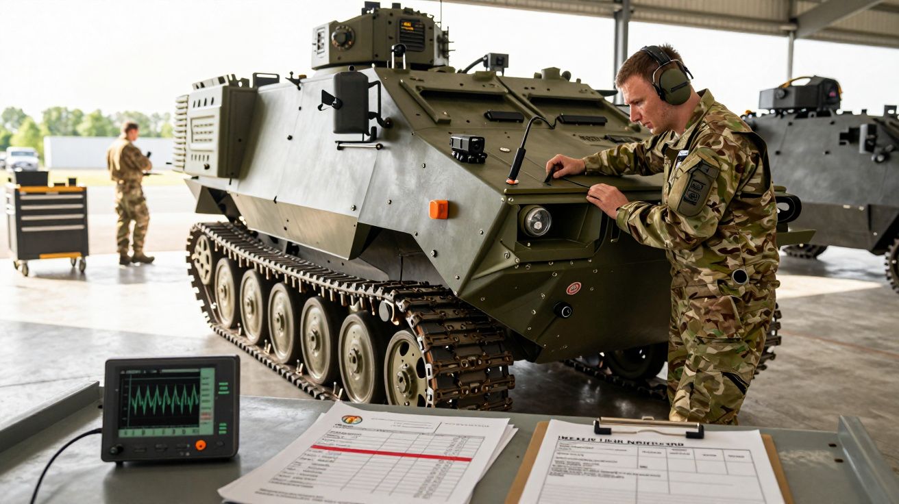 Soldat verificând un vehicul blindat într-un hangar, cu documente și echipamente electronice pe masă în prim-plan.