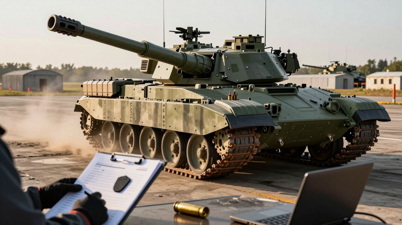 Tanc militar verde pe pistă, în fața unui computer și clipboard, hangare în fundal.