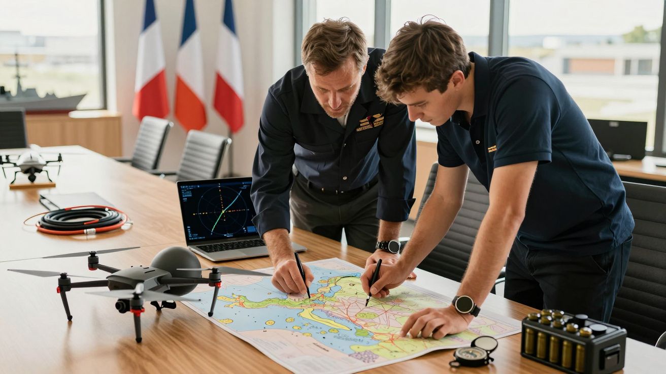 Doi bărbați studiază o hartă pe masă, într-o sală de ședințe cu drone și steaguri în fundal.