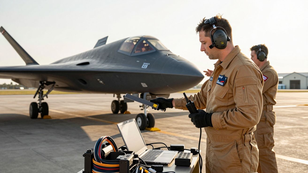 Tehnician verificând un avion pe pistă, folosind un laptop și echipament electronic, în plin soare.