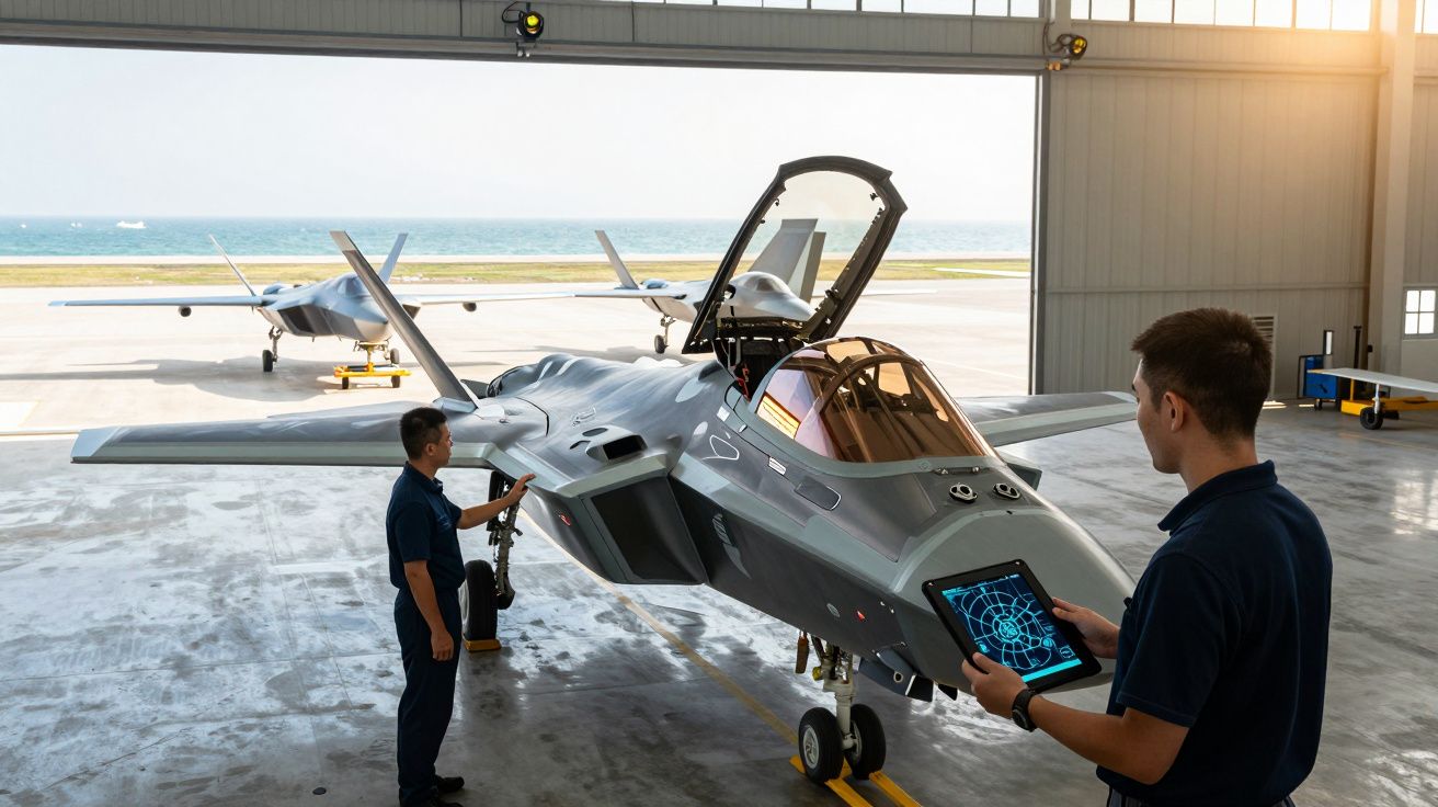 Două avioane de luptă în hangar, unul cu cockpitul deschis, doi tehnicieni verificând echipamente pe tabletă.