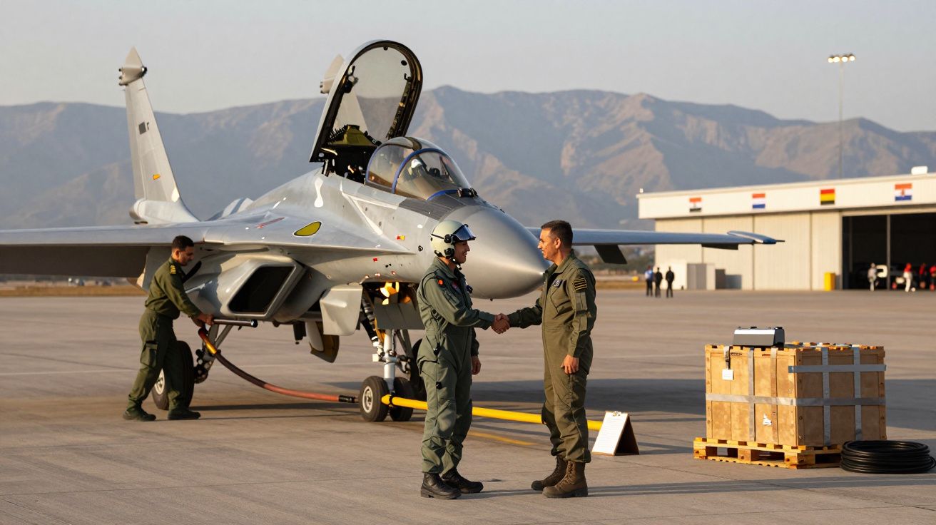 Doi piloți în uniforme de zbor strâng mâinile lângă un avion de luptă pe o pistă, cu munți în depărtare.