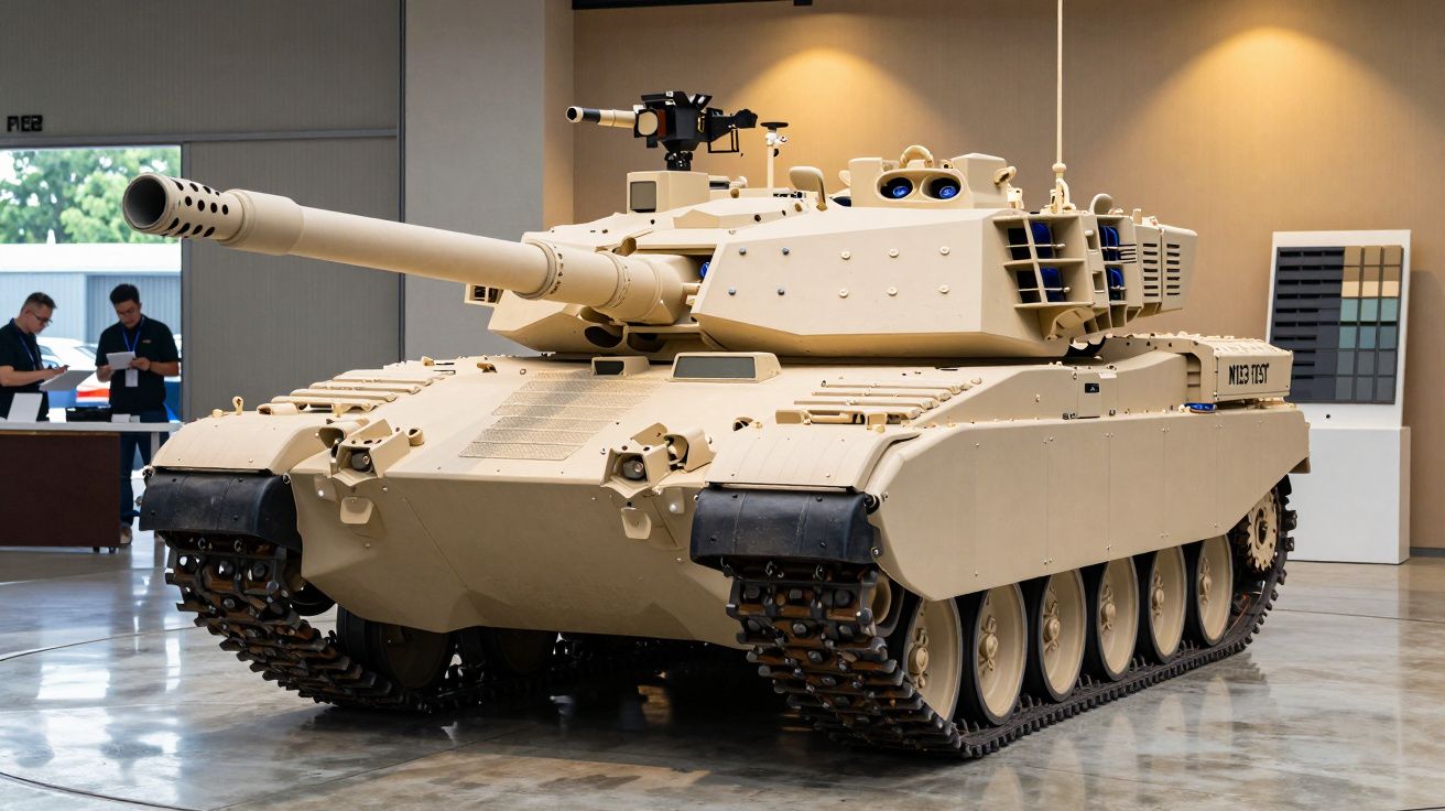 Tanc modern bej expus într-un hangar, cu echipamente avansate și tun lung, detalii tehnice vizibile, oameni în fundal.