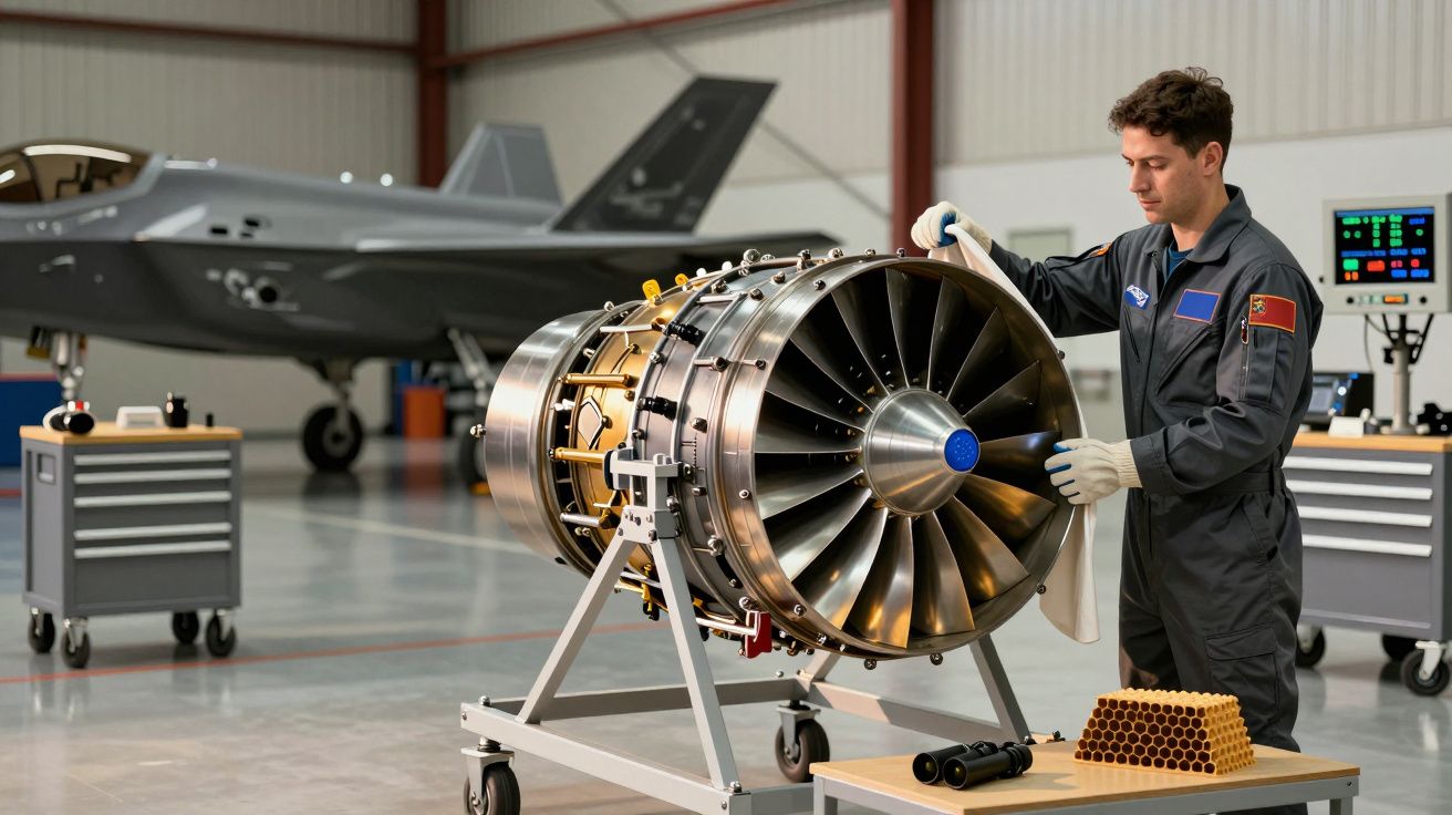 Tehnician lucrând la un motor de avion cu reacție într-un hangar, cu un avion de luptă gri în fundal.