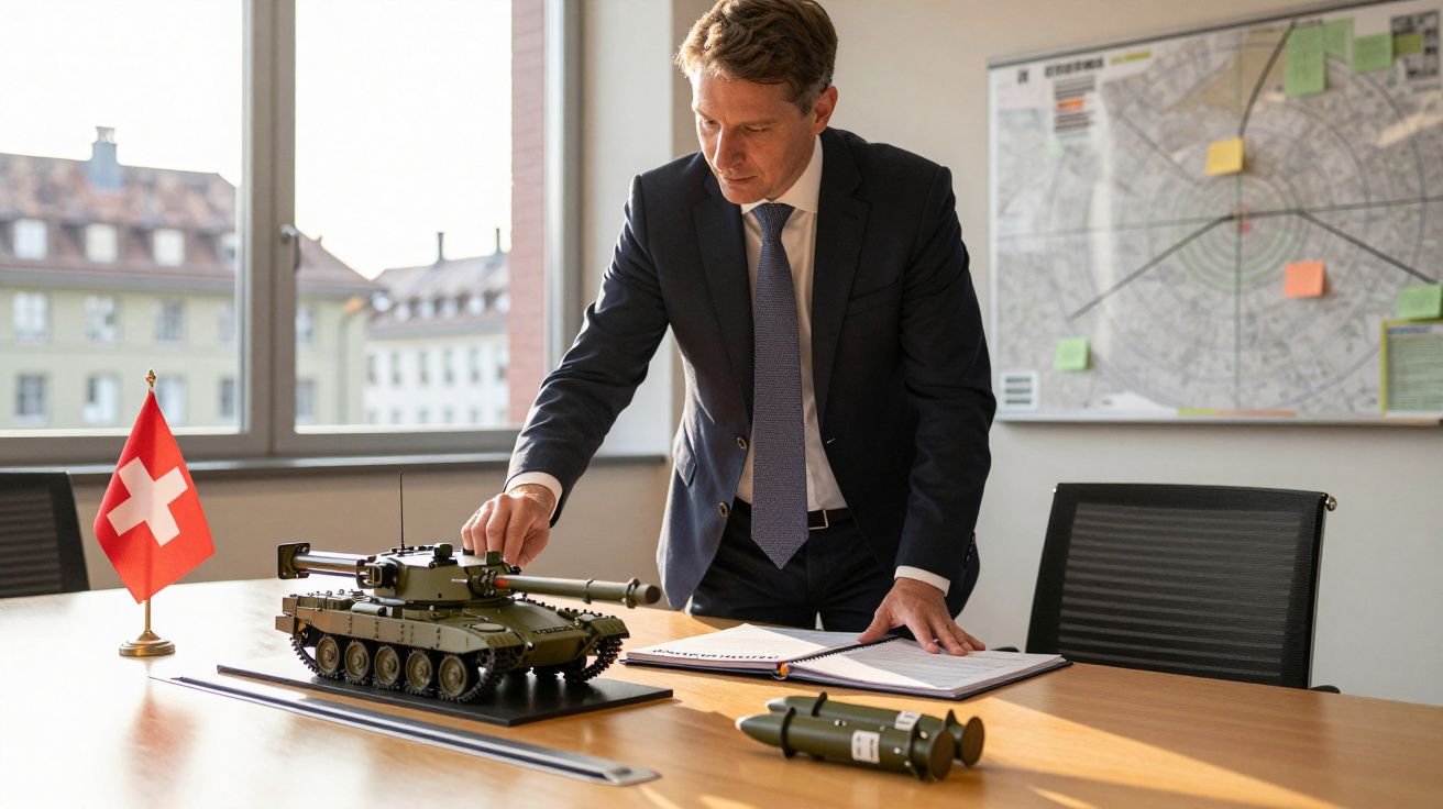 Bărbat în costum examinează un model de tanc pe birou, alături de un steag elvețian și documente.