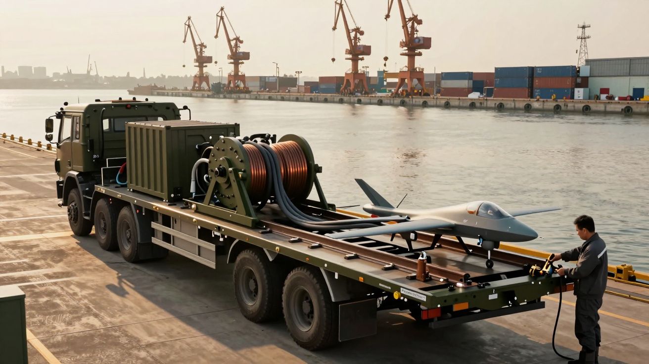 Camion militar cu dronă pe platformă, staționat lângă apă, cu un muncitor lângă cablu, macarale și containere în fundal.