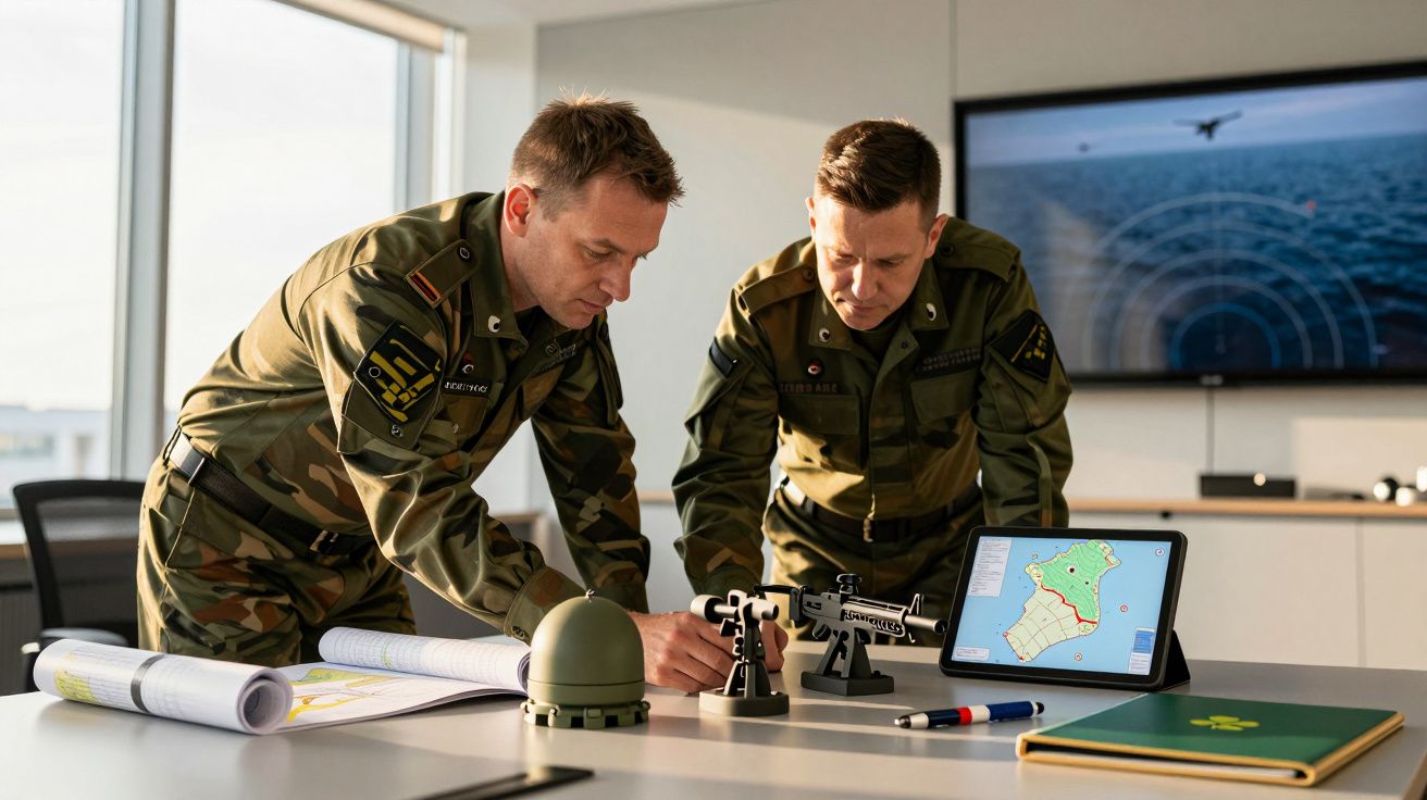 Doi militari în uniforme discută strategii lângă o hartă și tablete într-un birou modern.