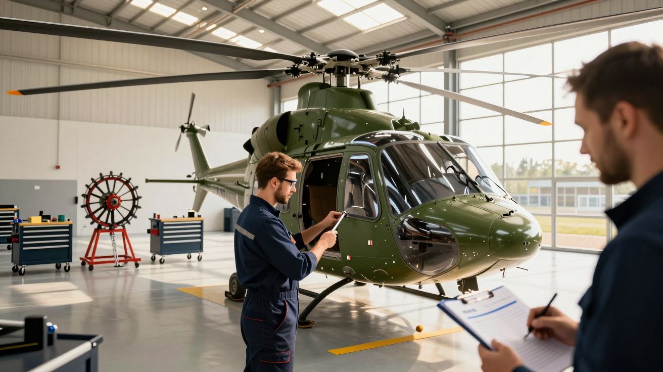 Tehnicieni inspectează un elicopter verde într-un hangar bine iluminat.