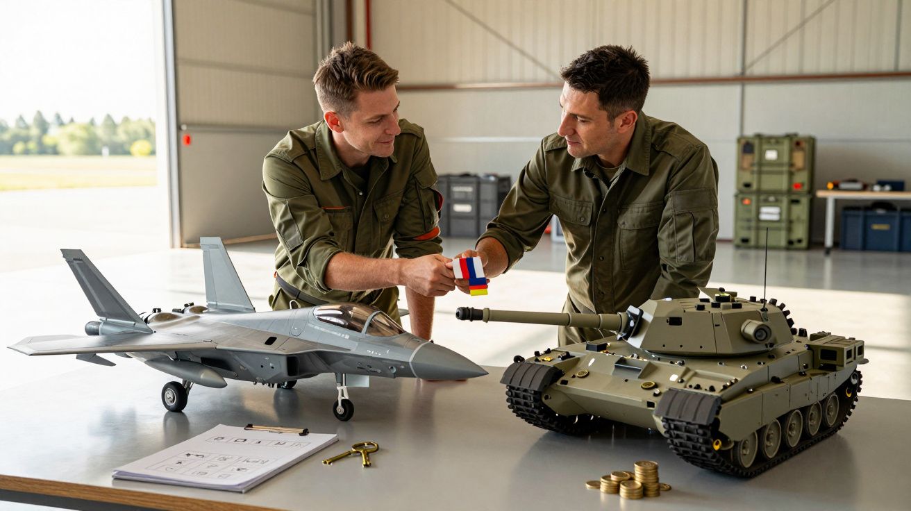 Doi bărbați discută lângă machetele unui avion și tanc pe o masă într-un hangar.