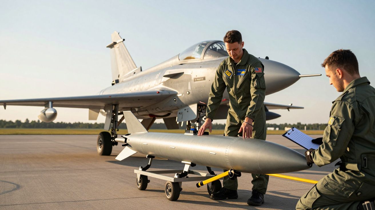 Doi piloți inspectează o rachetă pe un cărucior, lângă un avion de luptă pe pistă.