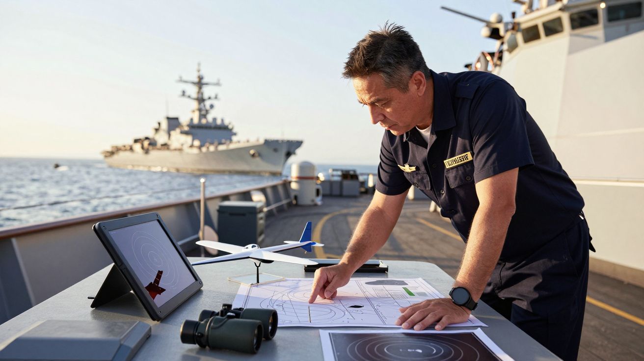 Ofițer marină studiind hărți și tablete pe puntea unei nave, cu un distrugător în fundal.