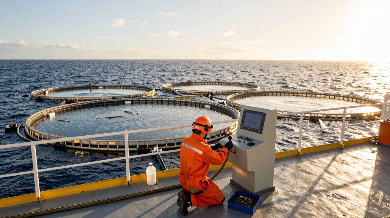 Persoană în echipament portocaliu operează un panou de control pe o platformă lângă rezervoare circulare pe mare.