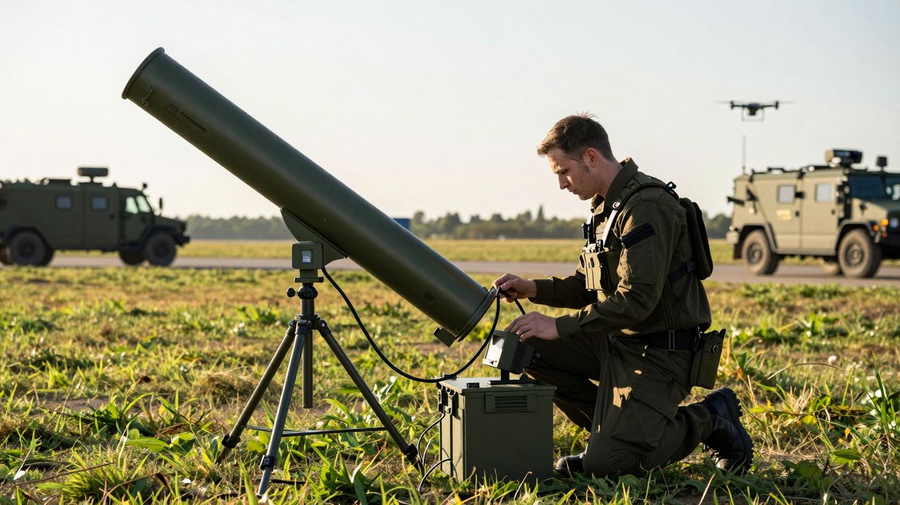 Soldat controlând echipament militar pe câmp, cu vehicule blindate și dronă în fundal.