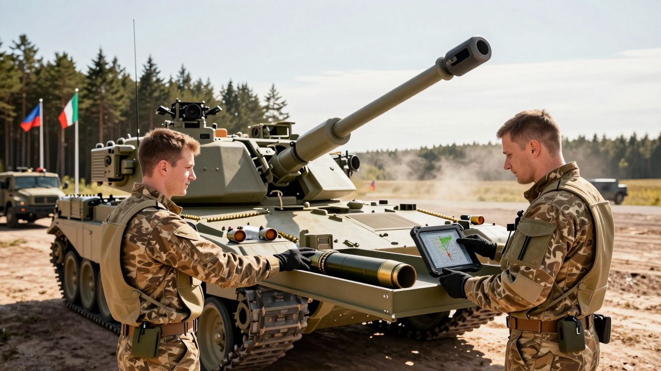 Doi militari în uniforme camuflate operează un tanc pe un câmp de antrenament, cu steaguri în fundal.