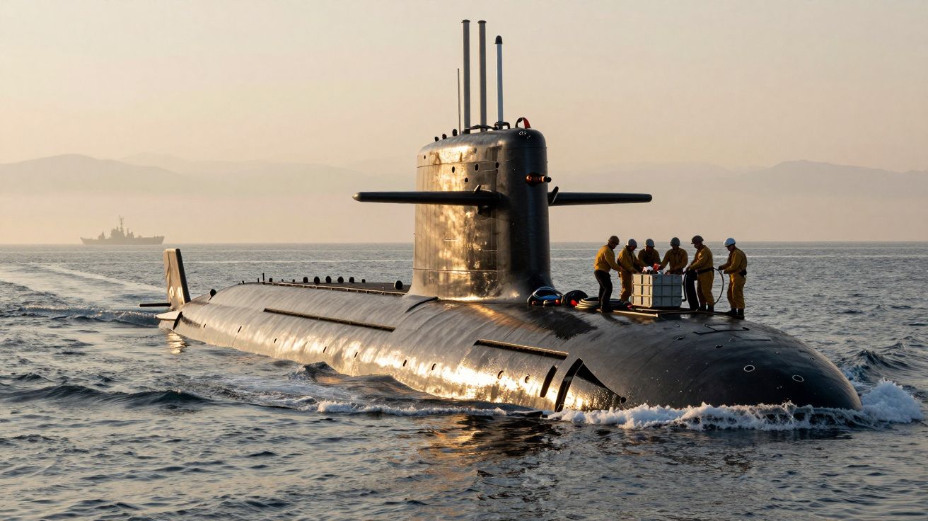 Submarin pe mare la răsărit, cu echipaj pe punte, navigând aproape de coastă, în depărtare se vede un alt vas.