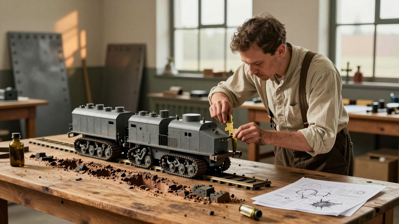 Bărbat construind un model de tren pe o masă de lemn, cu planuri și obiecte de lucru în jur.