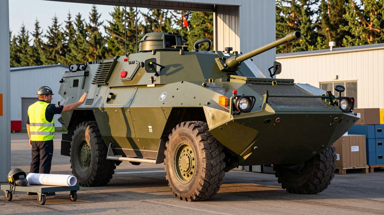 Vehicul blindat verde în curte industrială, ghidat de un muncitor cu vestă reflectorizantă și cască.