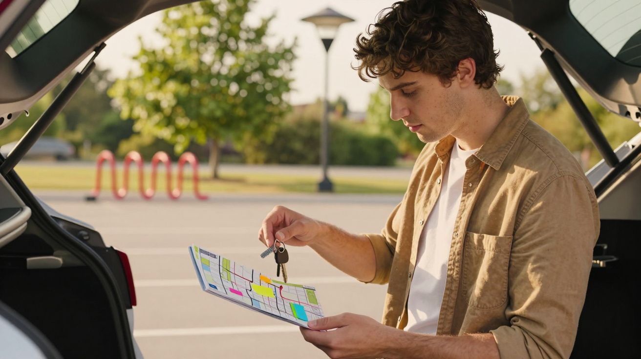 Tânăr în portbagajul unei mașini ține o hartă și o cheie, în parcare, lângă un suport pentru biciclete.
