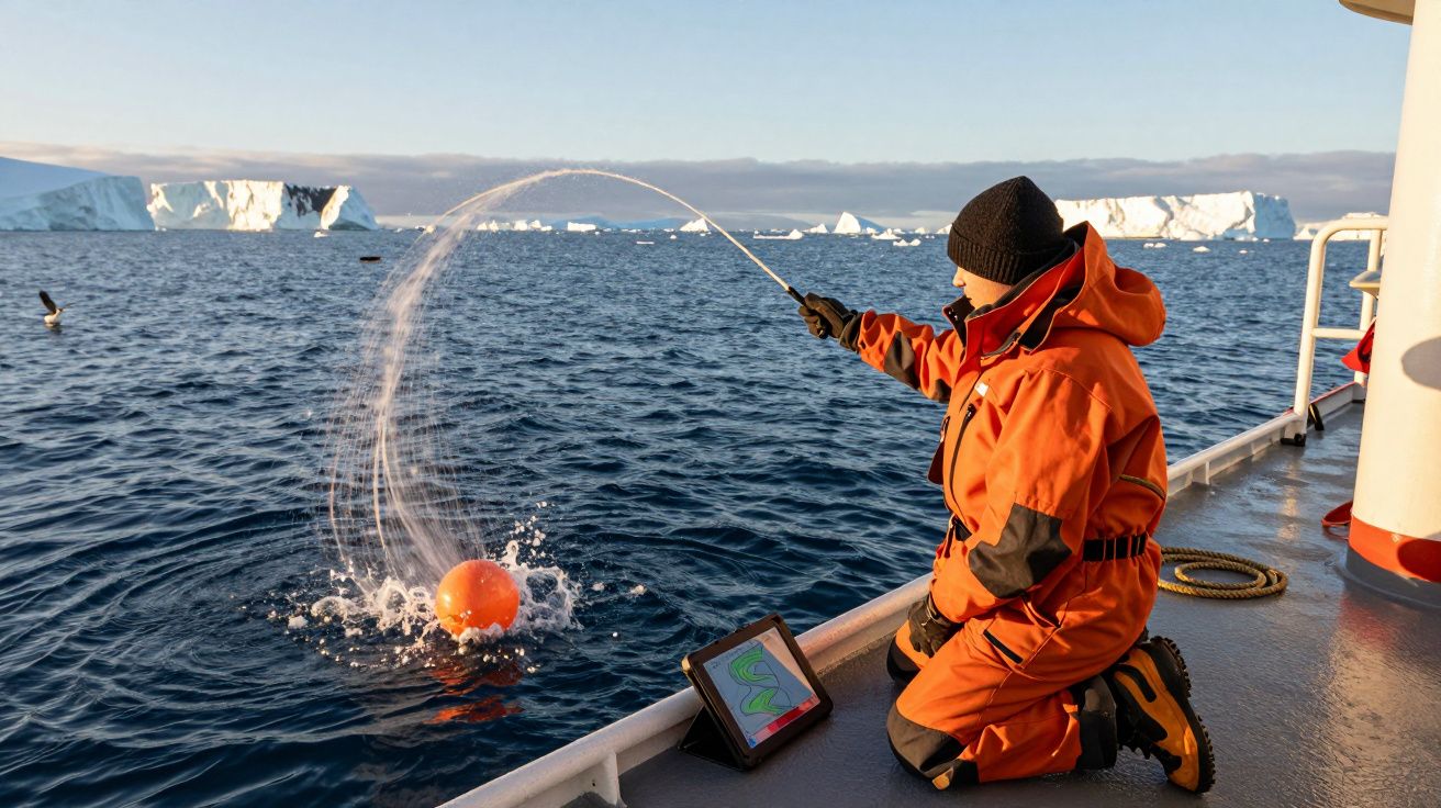 Persoană pe navă, în costum portocaliu, folosind un dispozitiv portabil pe apă, cu aisberguri în fundal.