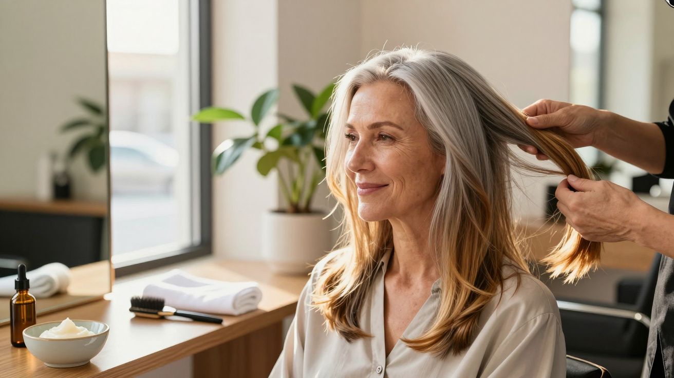 Femeie cu păr cărunt zâmbește la coafor, un stilist îi aranjează părul, decor modern cu plante și produse de frumusețe.