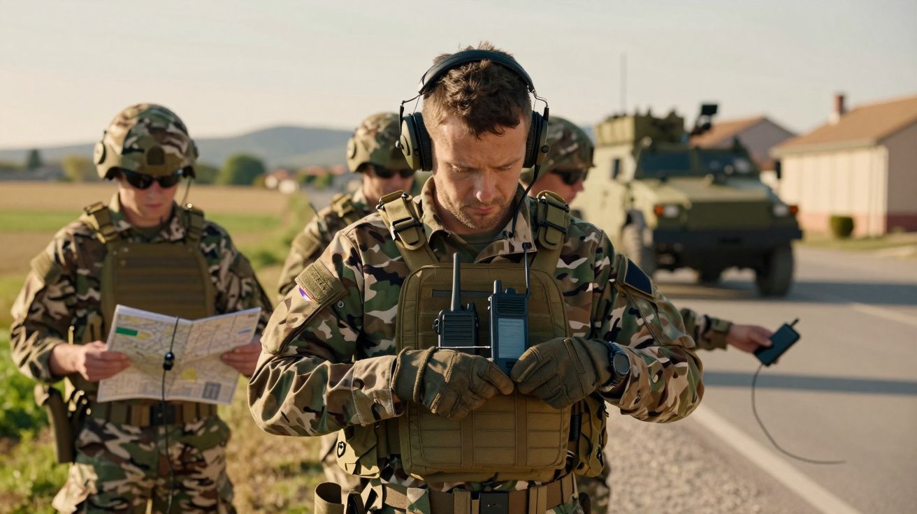 Soldat în uniformă de camuflaj folosește echipament radio, în fundal vehicul militar și alți soldați cu hartă.