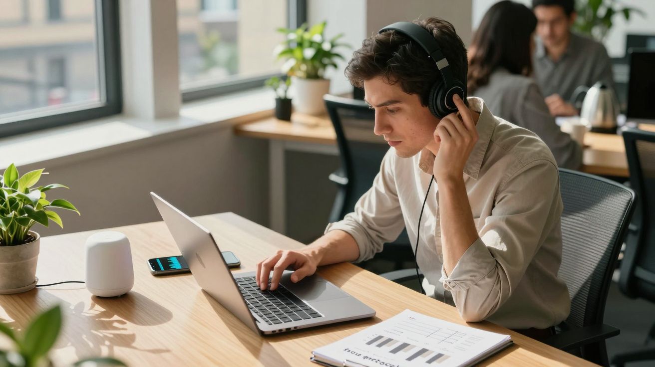 Bărbat purtând căști, lucrând la laptop într-un birou modern, cu plante verzi și documente pe masă.