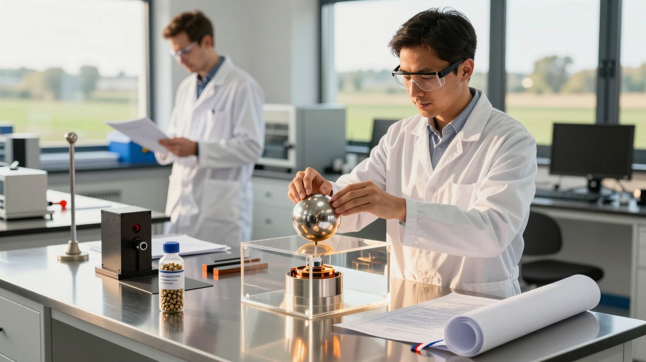 Cercetători în laborator, purtând halate albe, desfășurând experimente cu echipamente științifice pe masă.