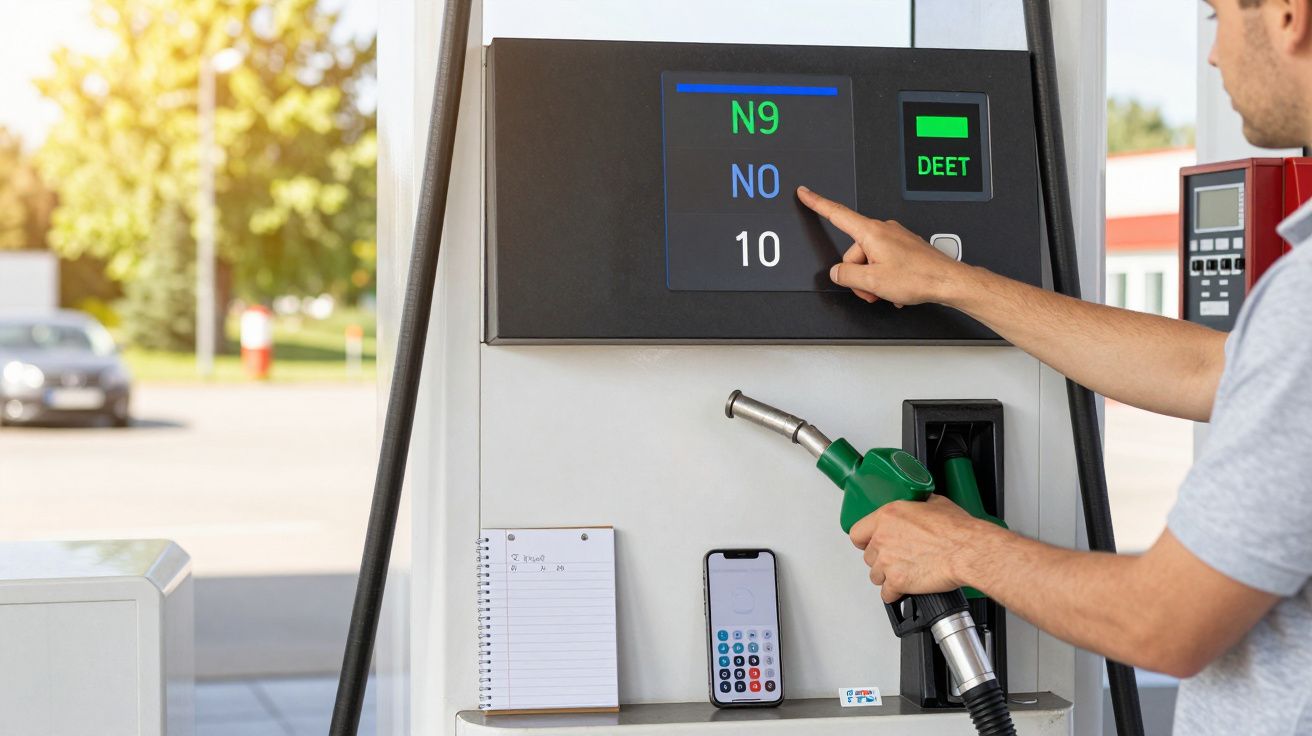 Bărbat selectând opțiuni pe un aparat de alimentare cu combustibil, cu un caiet și un telefon mobil așezate dedesubt.