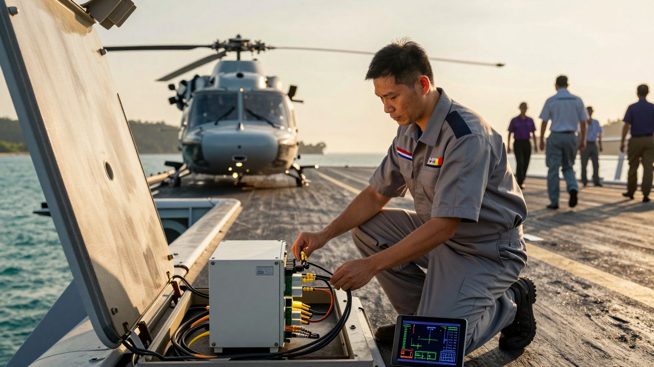Tehnician în uniformă verifică echipament electronic pe puntea unui vas, în fundal un elicopter și mai multe persoane.