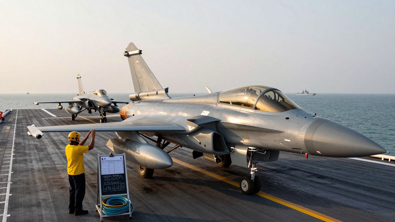 Avioane militare pe un portavion, cu un tehnician de deck lucrând lângă primul avion; în fundal se vede marea.