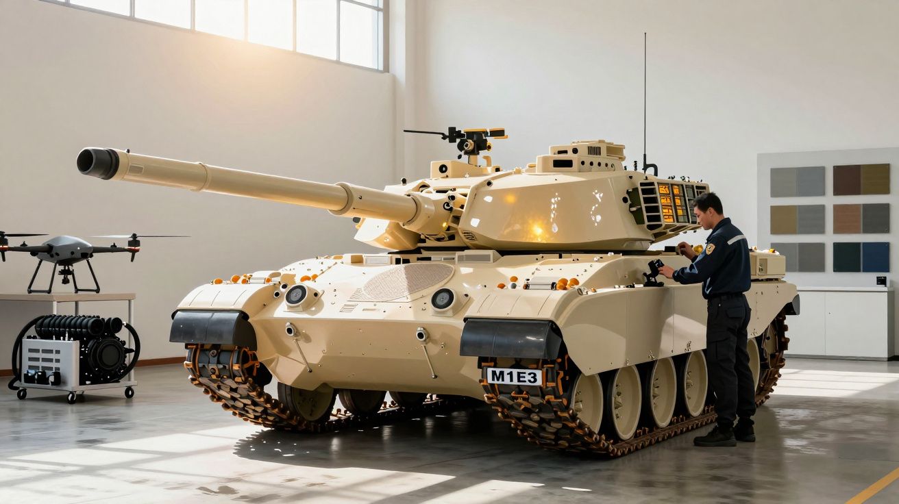 Tanc galben modern în hangar cu un bărbat care îl examinează; dronă și echipament tehnic în fundal.