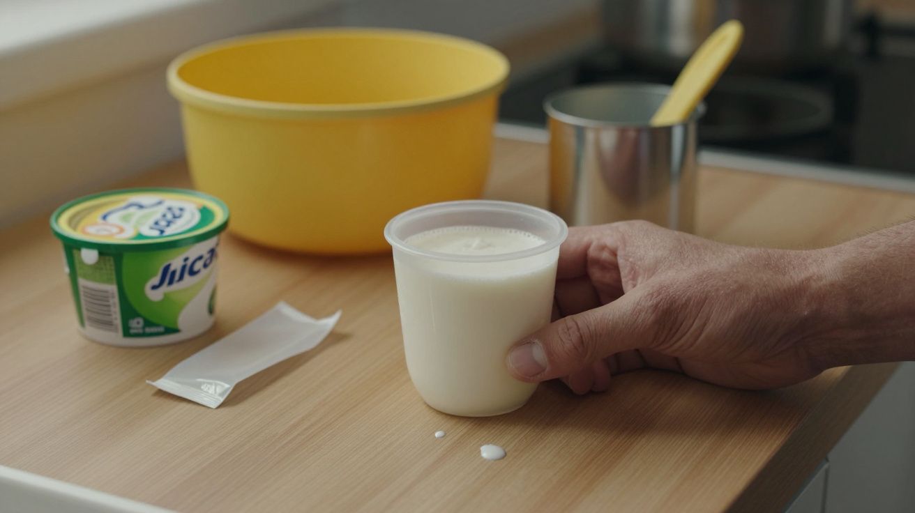 Mână ținând un pahar de iaurt pe un blat de bucătărie, alături de un bol galben și o cutie de iaurt Jlica.