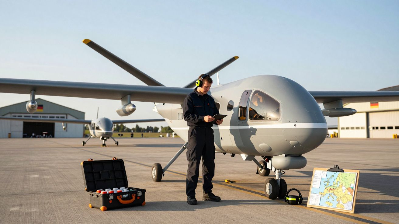 Bărbat operează o dronă mare pe pistă, mapă și echipamente tehnice lângă el, hangare aviatice în fundal.