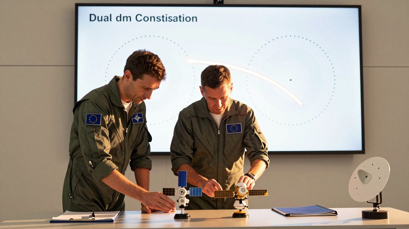 Doi bărbați în uniforme verzi examinează modele spațiale, pe un display mare fiind afișat un grafic.