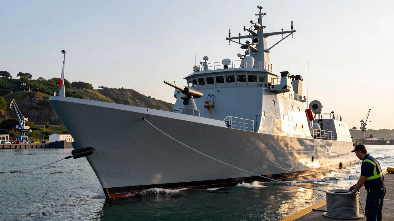 Navă militară ancorată în port la apus, cu un bărbat manevrând frânghia de acostare.