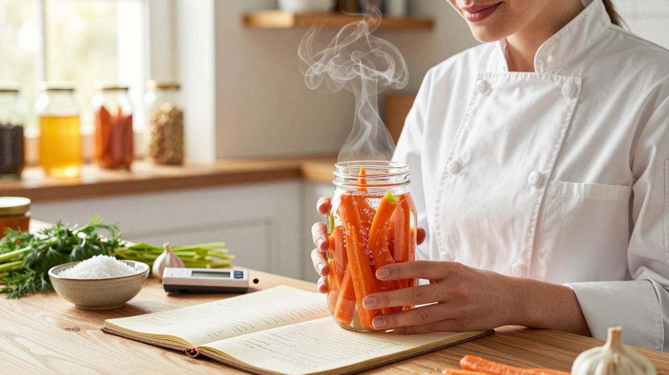 Femeie îmbrăcată în halat alb ținând un borcan cu morcovi fierbinți în bucătărie.