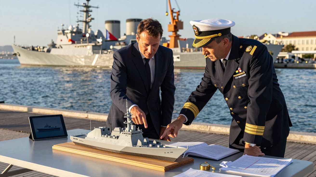 Doi bărbați discutând lângă o machetă de vas militar, cu un vas real în fundal, pe malul apei.