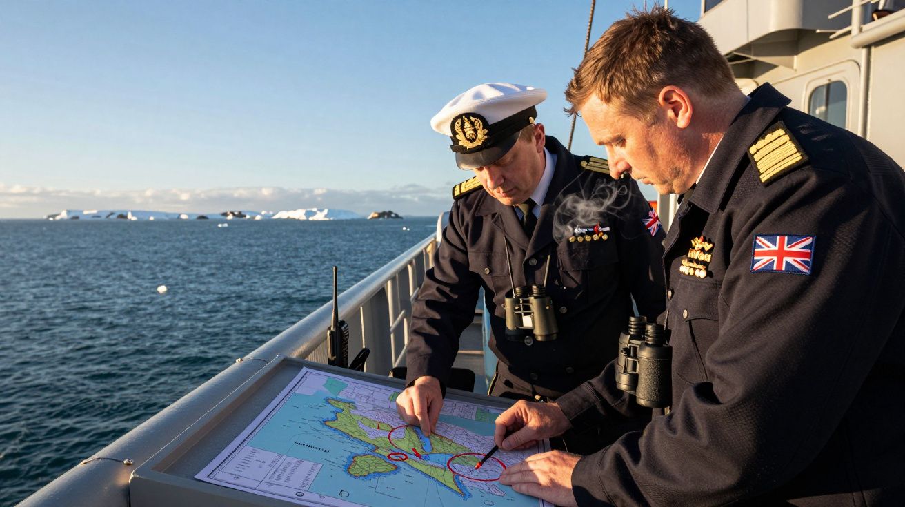 Ofițeri navali studiază o hartă pe o navă, cu peisaj marin și ghețari în fundal.