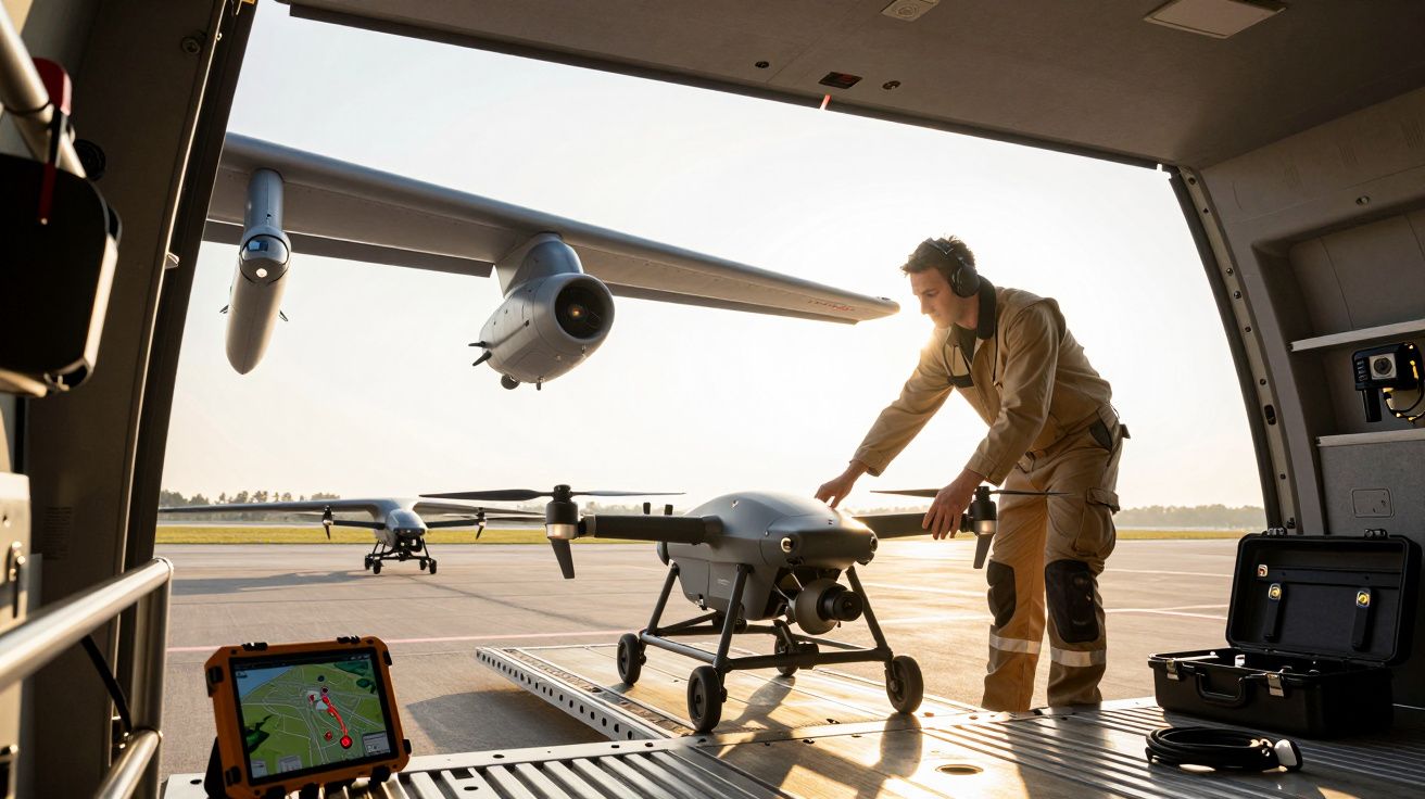 Persoană în hangar pregătind o dronă pe o pistă de aterizare, cu un avion mare pe fundal.